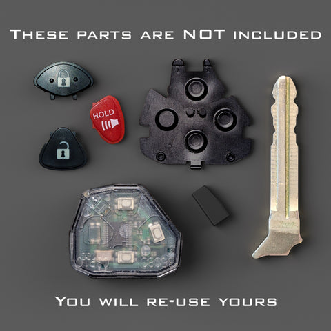 A depiction of the key blade, electronics block, transponder chip, rubber gasket, and buttons that will be reused from the customer's old key.