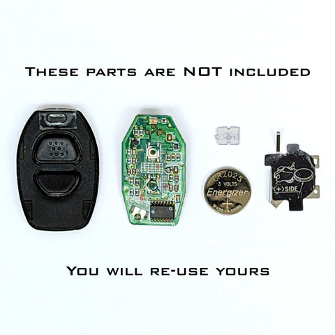 Electronics board, rubber gasket with buttons, battery holder, and LED diffuser plastic piece are not included in the YMDT kit. You will re-use yours from your original fob.