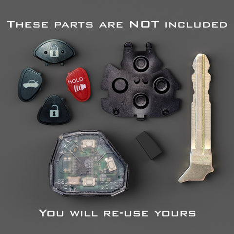 ANVIL 4 Button Components to Re-use A depiction of the key blade, electronics block, transponder chip, rubber gasket, and buttons that will be reused from the customer's old key.