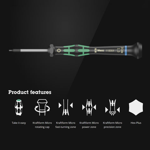 Wera Kraftform Micro 1.3mm screwdriver with callouts of product features