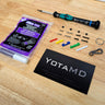 Image of all components included in this hardware kit: screws, nuts, shims, key ring, clasp, driver, and threadlocker